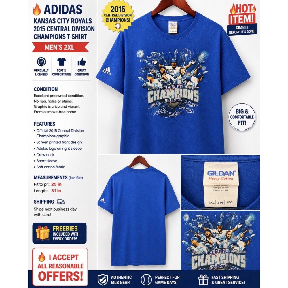 Gildan Kansas City Royals Baseball 2015 AL Central Champions T-Shirt Men's 2XL